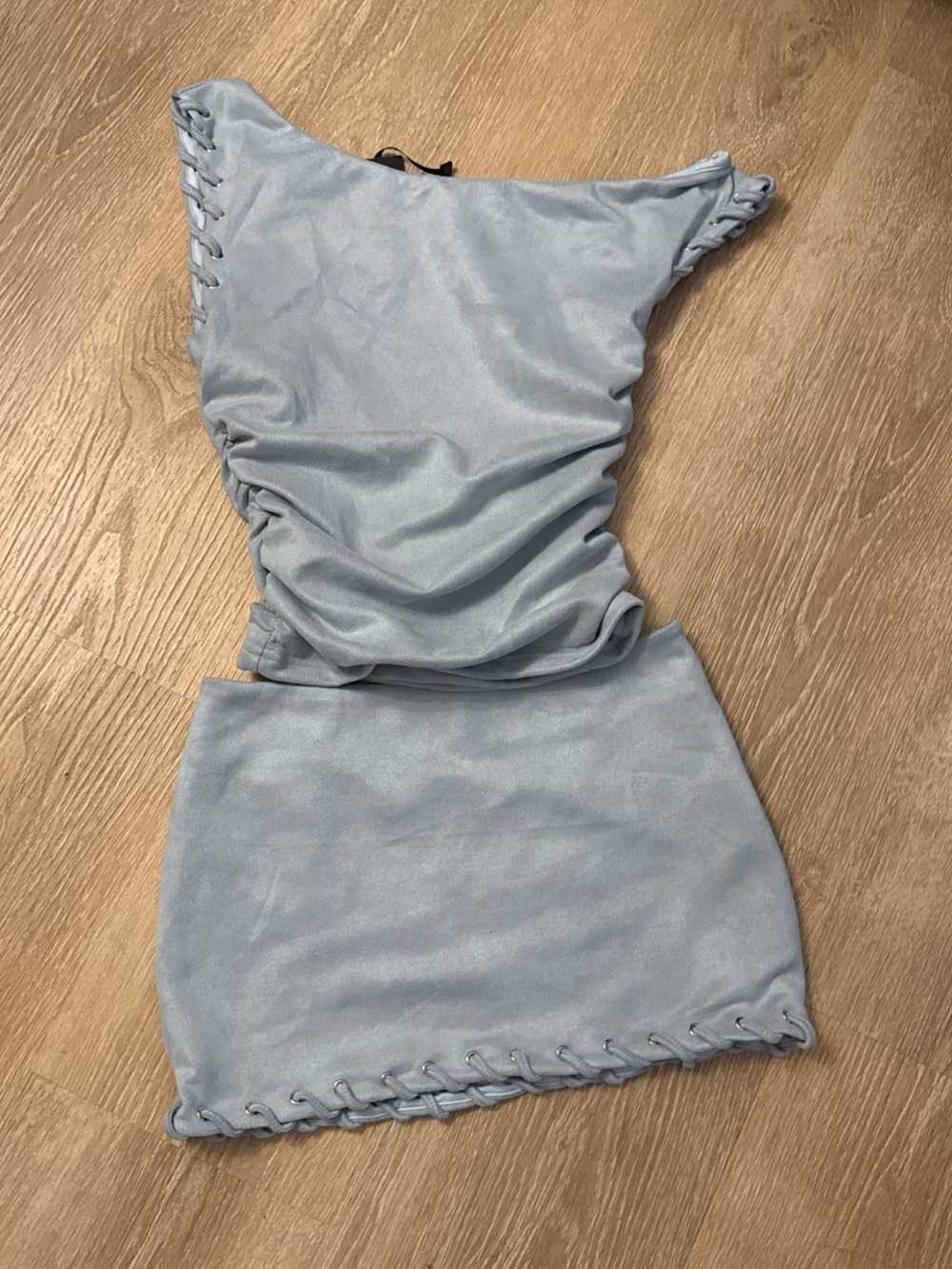 White Fox Boutique Light Blue suede Ruched Mini Skirt Set
